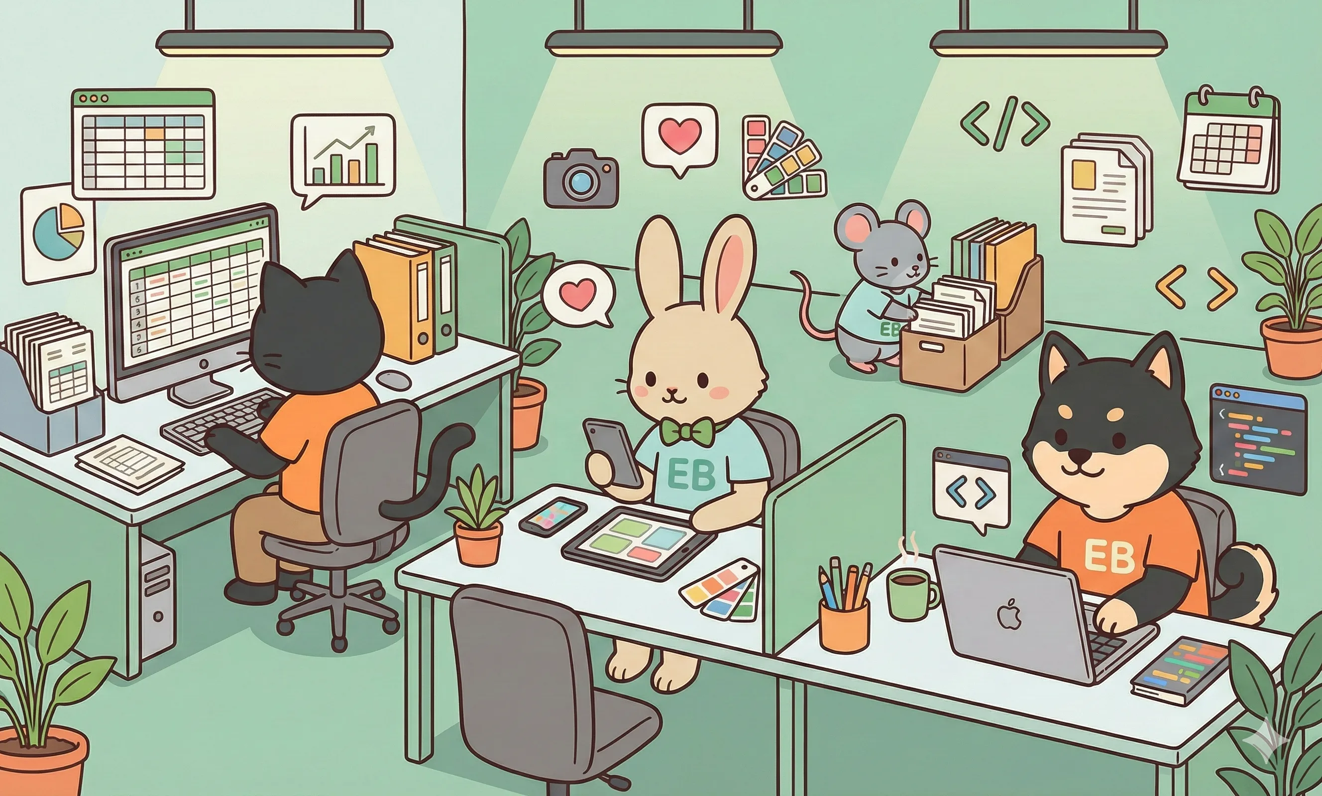 キャラクターたちがパソコンで開発作業をするイラスト